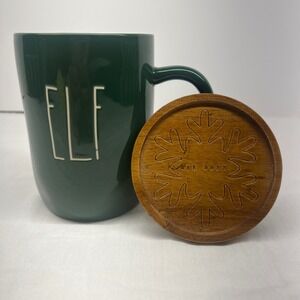 RAE DUNN Green Ceramic
Christmas ELF Mug‎ & Wooden Topper Coaster Magenta NEW